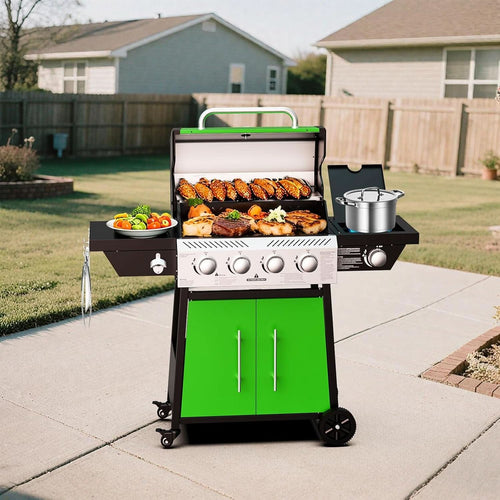 Green Four Burner Propane Stainless Barbecue Grill - Stashed cav