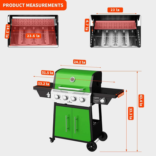 Green Four Burner Propane Stainless Barbecue Grill - Stashed cav