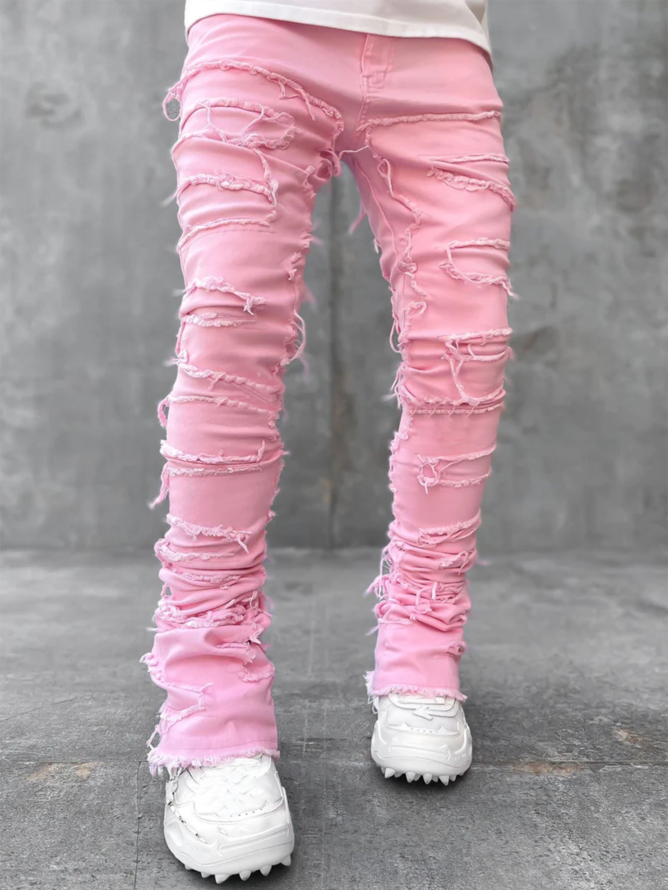 Ins Fringes Ripped Trousers Individual Patched Pants Long Tight Fit Stacked Jeans for Mens Clothing - Stashed cav