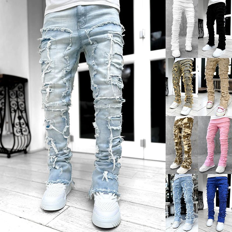 Ins Fringes Ripped Trousers Individual Patched Pants Long Tight Fit Stacked Jeans for Mens Clothing - Stashed cav