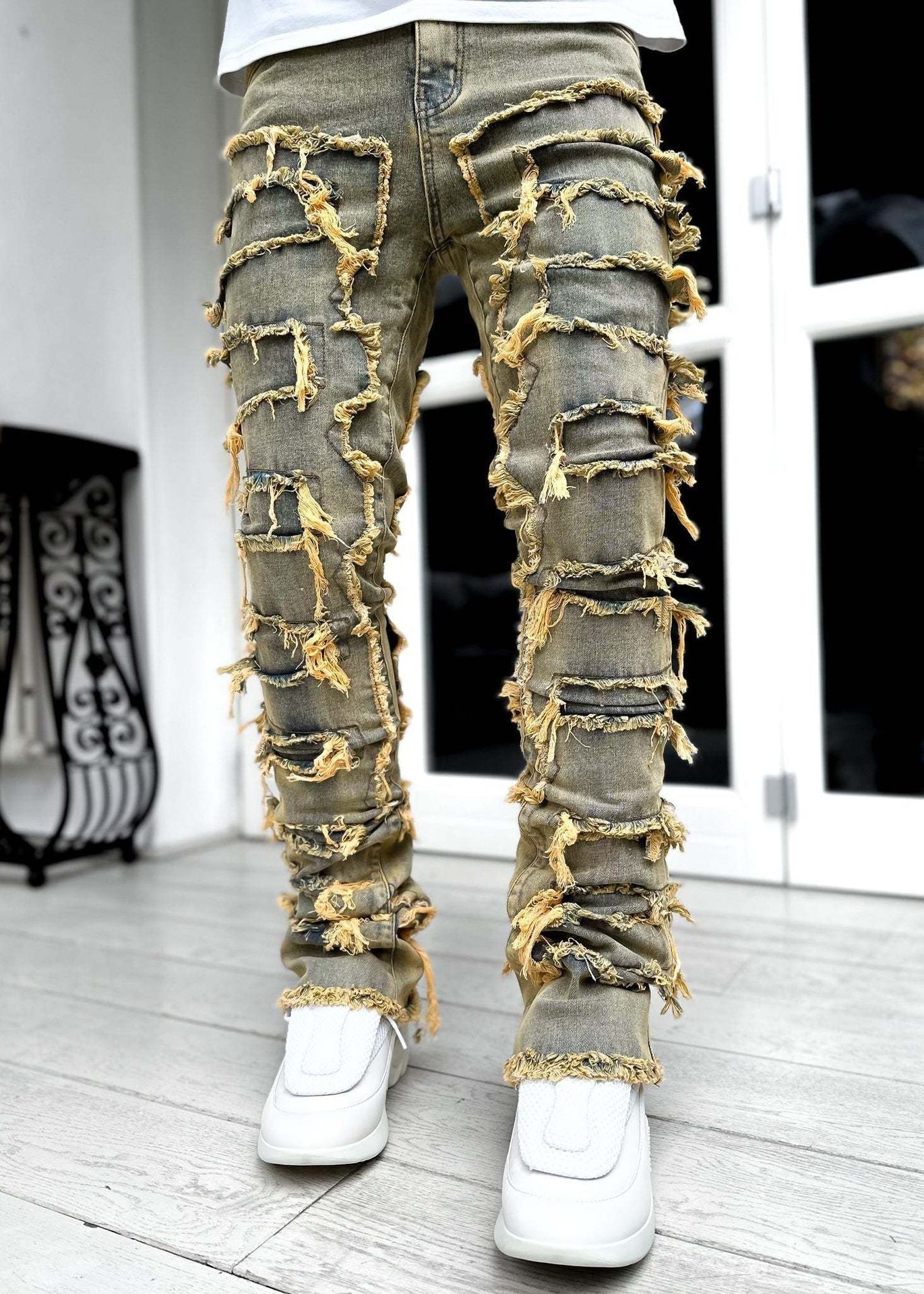 Ins Fringes Ripped Trousers Individual Patched Pants Long Tight Fit Stacked Jeans for Mens Clothing - Stashed cav
