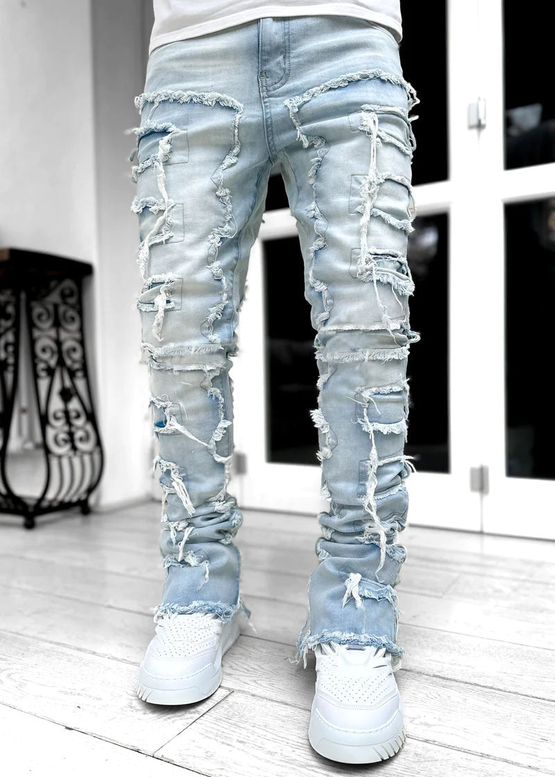 Ins Fringes Ripped Trousers Individual Patched Pants Long Tight Fit Stacked Jeans for Mens Clothing - Stashed cav