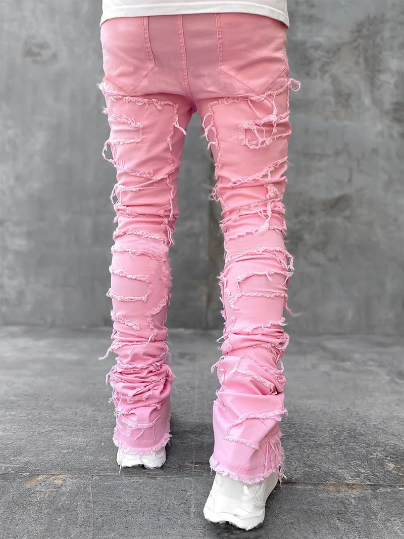 Ins Fringes Ripped Trousers Individual Patched Pants Long Tight Fit Stacked Jeans for Mens Clothing - Stashed cav