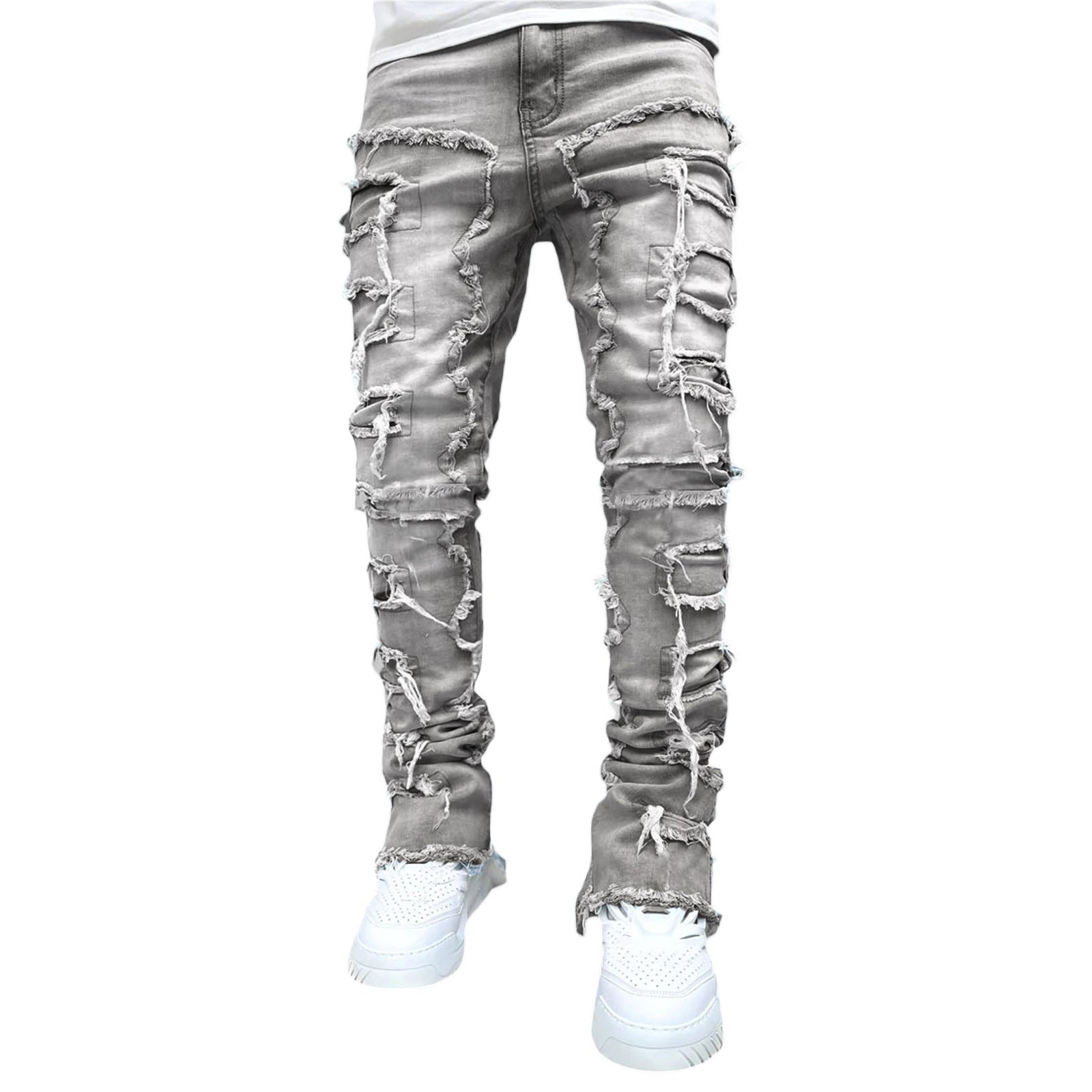 Ins Fringes Ripped Trousers Individual Patched Pants Long Tight Fit Stacked Jeans for Mens Clothing - Stashed cav