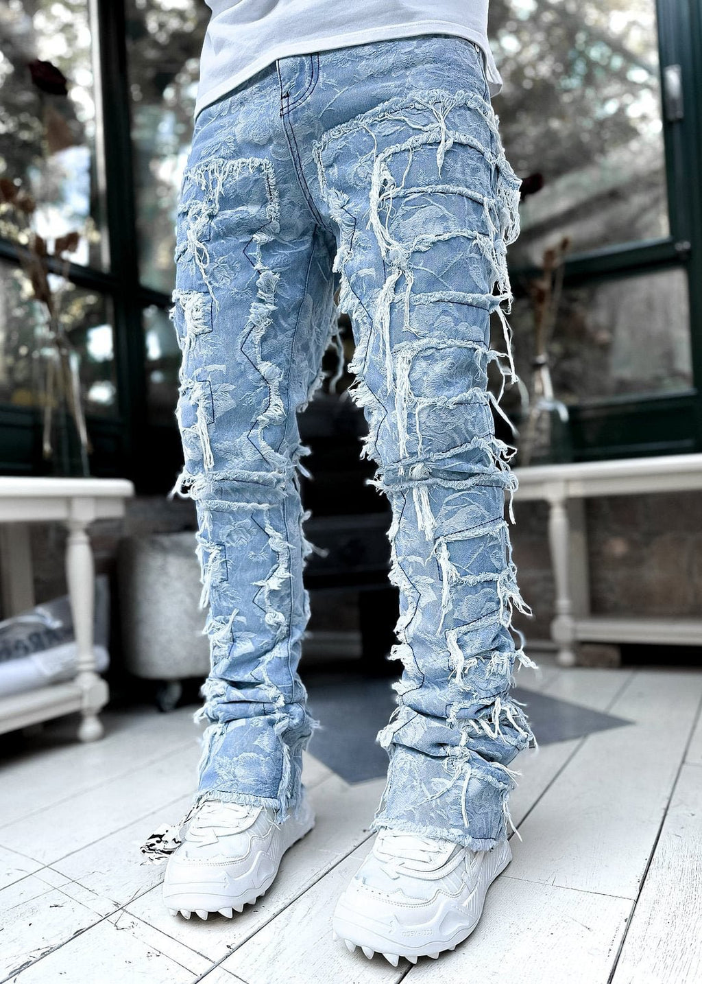 Ins Fringes Ripped Trousers Individual Patched Pants Long Tight Fit Stacked Jeans for Mens Clothing - Stashed cav