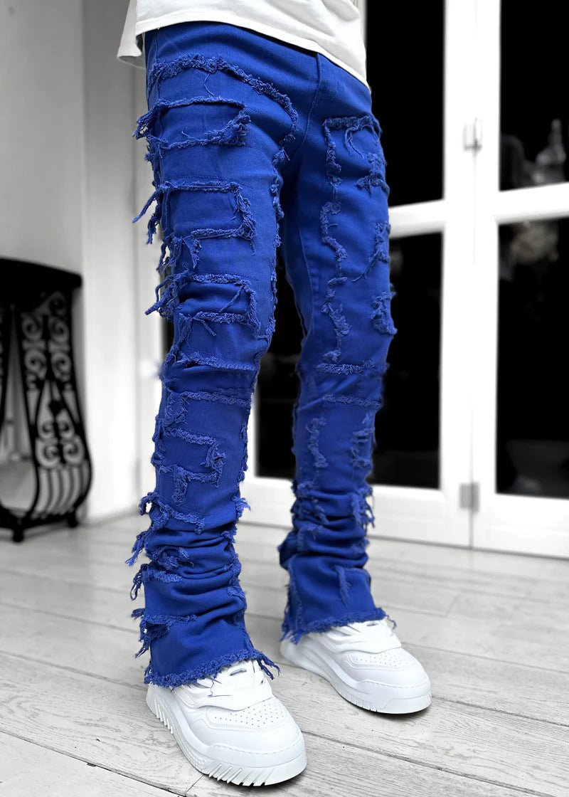 Ins Fringes Ripped Trousers Individual Patched Pants Long Tight Fit Stacked Jeans for Mens Clothing - Stashed cav