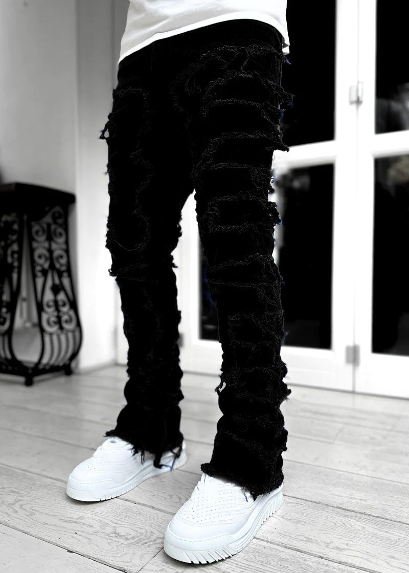 Ins Fringes Ripped Trousers Individual Patched Pants Long Tight Fit Stacked Jeans for Mens Clothing - Stashed cav