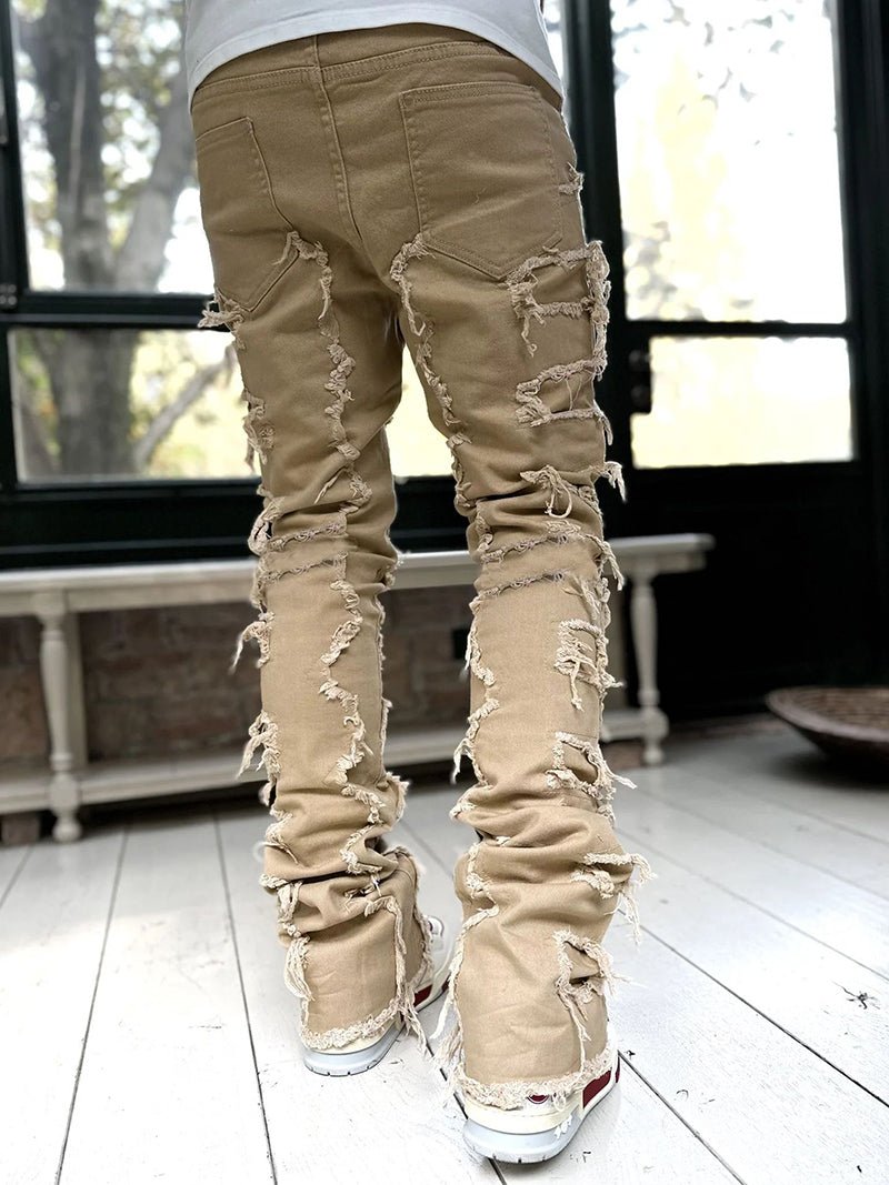 Ins Fringes Ripped Trousers Individual Patched Pants Long Tight Fit Stacked Jeans for Mens Clothing - Stashed cav