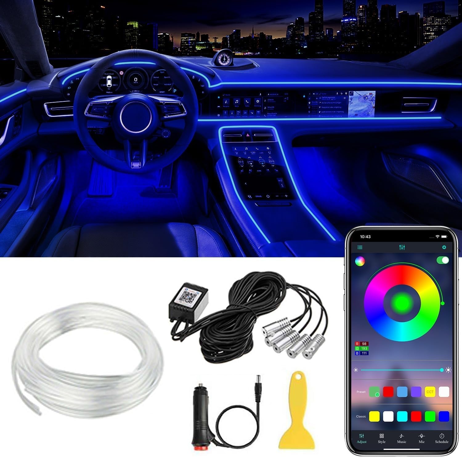 Interior Car LED Strip Lights APP Control, 5 in 1 RGB 16 Million Colors Ambient - Stashed cav