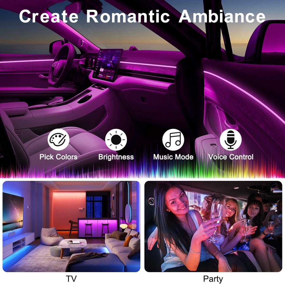 Interior Car LED Strip Lights APP Control, 5 in 1 RGB 16 Million Colors Ambient - Stashed cav