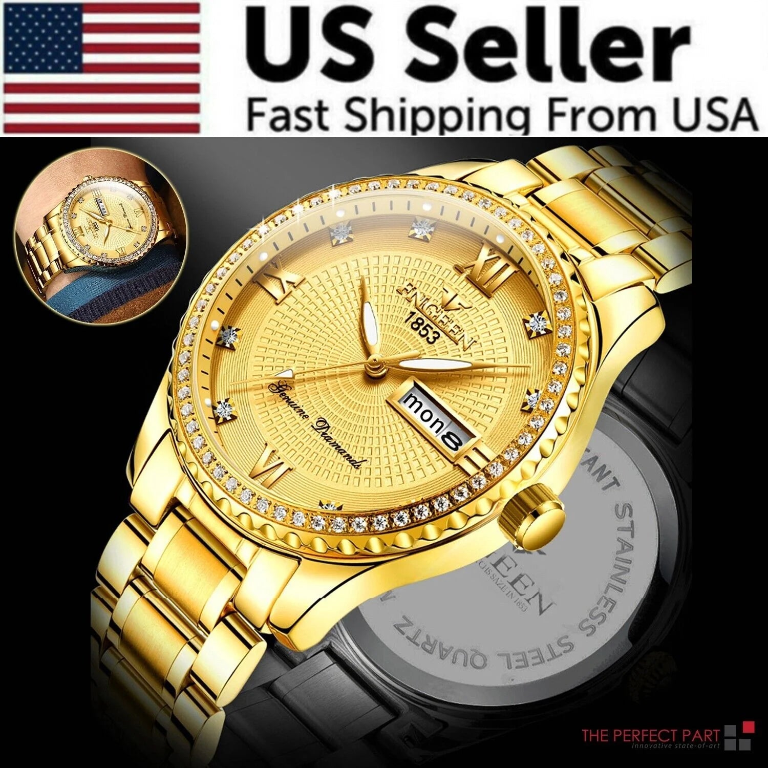 Waterproof Gold Men'S Watch Classic Stainless Steel Quartz Analog Business Gift - Stashed cav