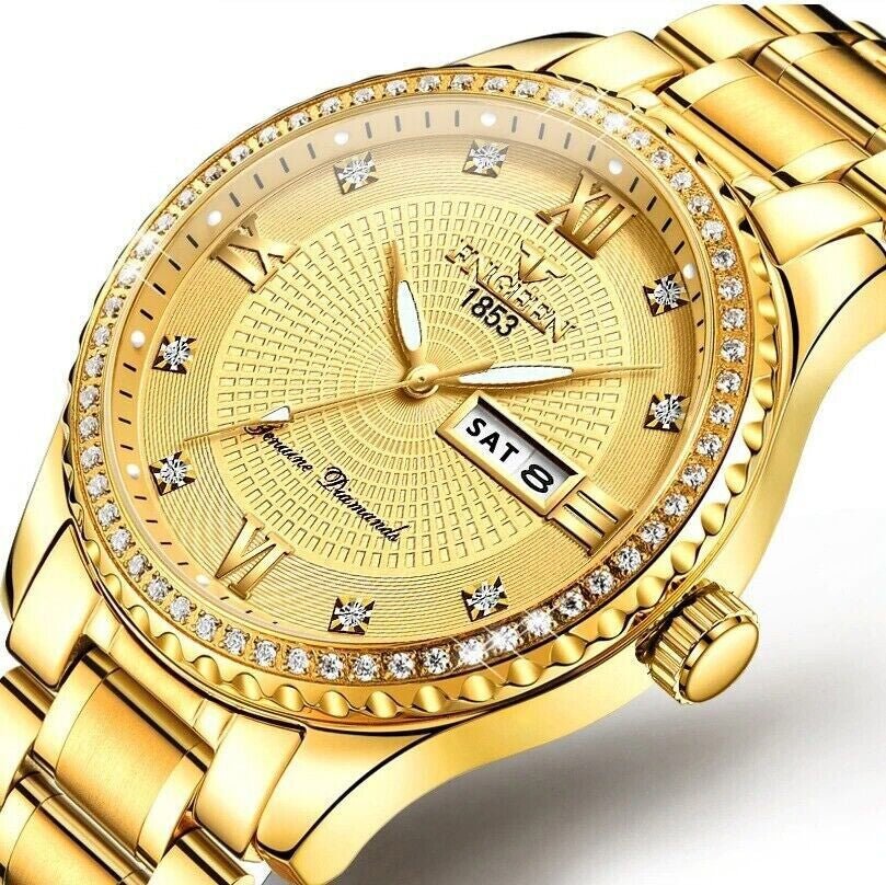 Waterproof Gold Men'S Watch Classic Stainless Steel Quartz Analog Business Gift - Stashed cav