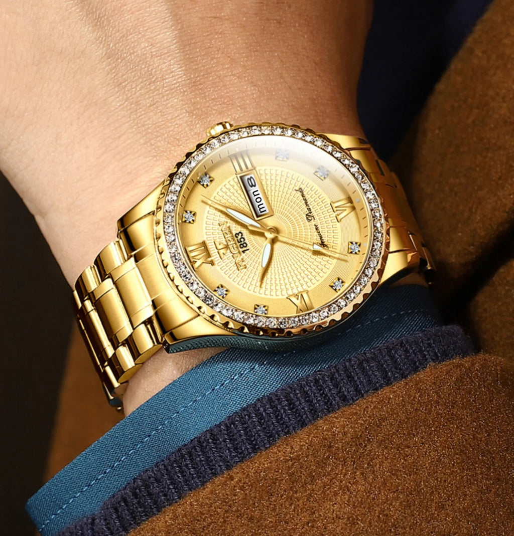 Waterproof Gold Men'S Watch Classic Stainless Steel Quartz Analog Business Gift - Stashed cav